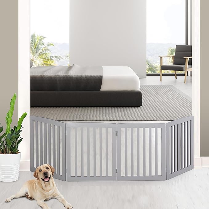Dog Gate Pet Gate for House, Stairs, Hallways, Doorways 82x24 Inch 4 Panels Foldable Dog Fence for Indoor Extra Wide Wooden Grey