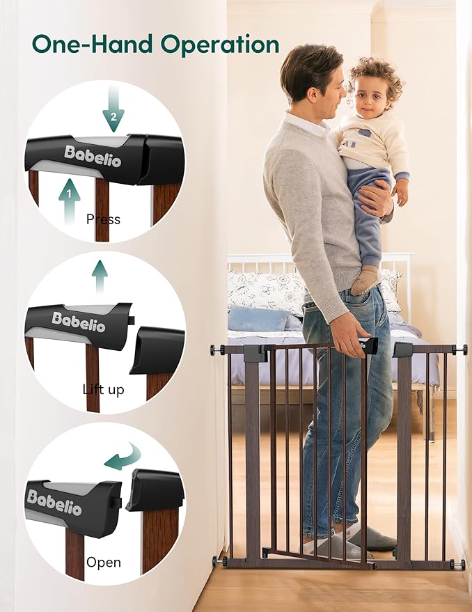 Babelio Metal Auto Close Baby Gate PressGuard P7,Extra Wide Pet Gate for The House and Doorways, Pressure Mounted Walk Thru Child Gate with Door (Black Wood Pattern, 30" Tall 29"-55" Wide)
