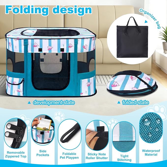 Dog Play Pen Indoors, Pink Crate, Dog Pen,Portable Foldable Playpen Indoor for Small/Medium Dogs, Puppy Cat Pet Playpen, Exercise Kennel Tent Crate