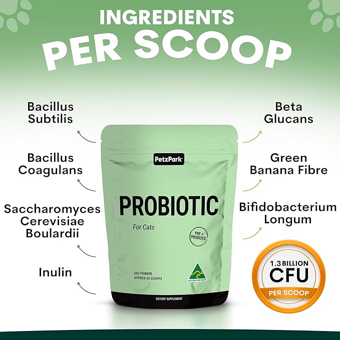 Petz Park Probiotics for Cats 60 Scoops, Cat Probiotic Powder for Hairball and Digestive Support, Gut Health Supplement for Cats and Kittens, Cat Food Topper Made in Australia