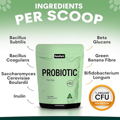 Petz Park Probiotics for Cats 60 Scoops, Cat Probiotic Powder for Hairball and Digestive Support, Gut Health Supplement for Cats and Kittens, Cat Food Topper Made in Australia