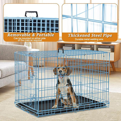 Dog Crate, Folding Portable Outdoor Large Two Door Metal Cat Dog Cage with ABS Tray LC Panel Floor Protecting Feet Wire Animal Pet Dog Kennel with Divider