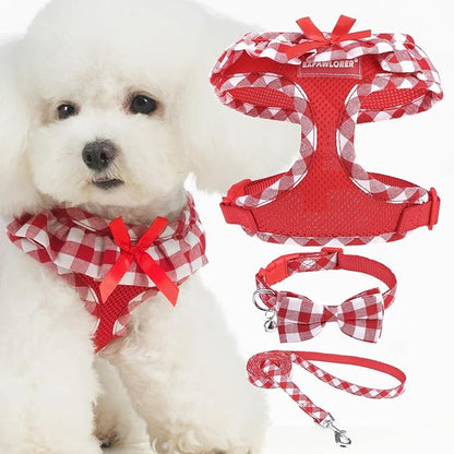 EXPAWLORER Cute Dog Harness Collar Leash Set - Red Girl Dog Harness Checkered Step-in Design, Detachable Bow Pet Collar, Adjustable No-Choke Lightweight Mesh Vest for Cats Puppy Small Dogs, XS