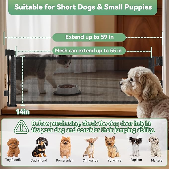 14" Tall Short Dog Gate to Step Over, Retractable Mesh Pet Door for Small Puppy, Extended up to 55" Wide for Indoor Stairs Doorways and Hallway - Black