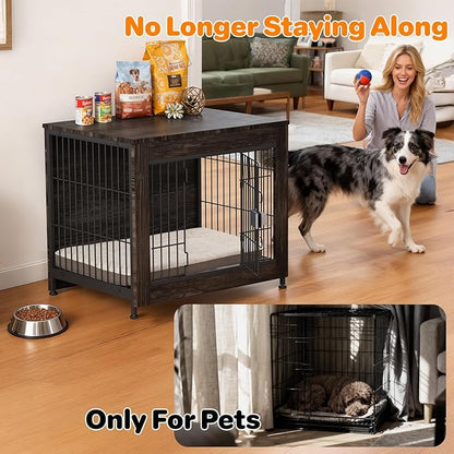 Dog Crate Furniture, Wooden Dog Crate 27in, Decorative Cage with End Table for Dog Indoor Kennel, High Anxiety Dog, Escape-Proof Locks for All Breeds