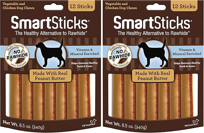 SmartBones SmartSticks with Real Peanut Butter,Rawhide-Free Chews for Dogs,12 Count (Pack of 2)