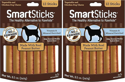 SmartBones SmartSticks with Real Peanut Butter,Rawhide-Free Chews for Dogs,12 Count (Pack of 2)