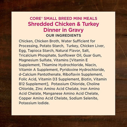 Wellness CORE Small Breed Mini Meals Shredded in Gravy Adult Wet Dog Food, Grain Free, Natural, Chicken and Turkey Dinner Recipe, 3 oz, Pack of 12 Pouches