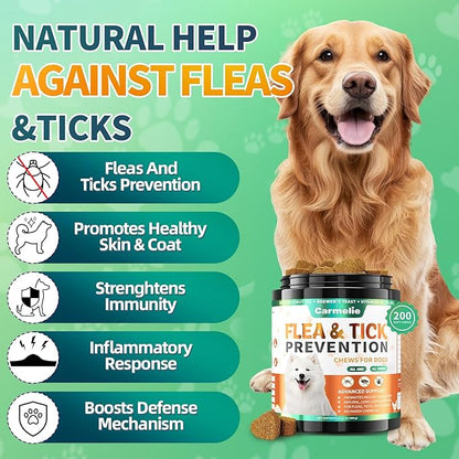 Carmelie Flea and Tick Prevention for Dogs Chewables - 200 Soft Chews Natural Dog Flea and Tick Chewables, Oral Flea Supplement for Dogs, Puppy Flea Support - All Breeds & Ages - Chicken Flavor