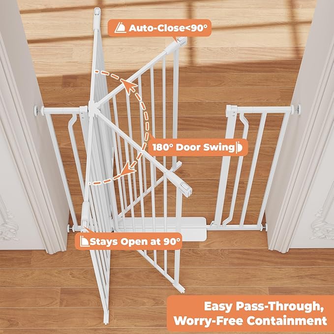 40" Extra Tall Baby Gate for Stairs, Auto Close Stroller Friendly Dog Gate Indoor for Doorways, Pressure Mounted 29"-40" Wide Baby Gate, Easy Walk Through Gate for Children & Pets, White