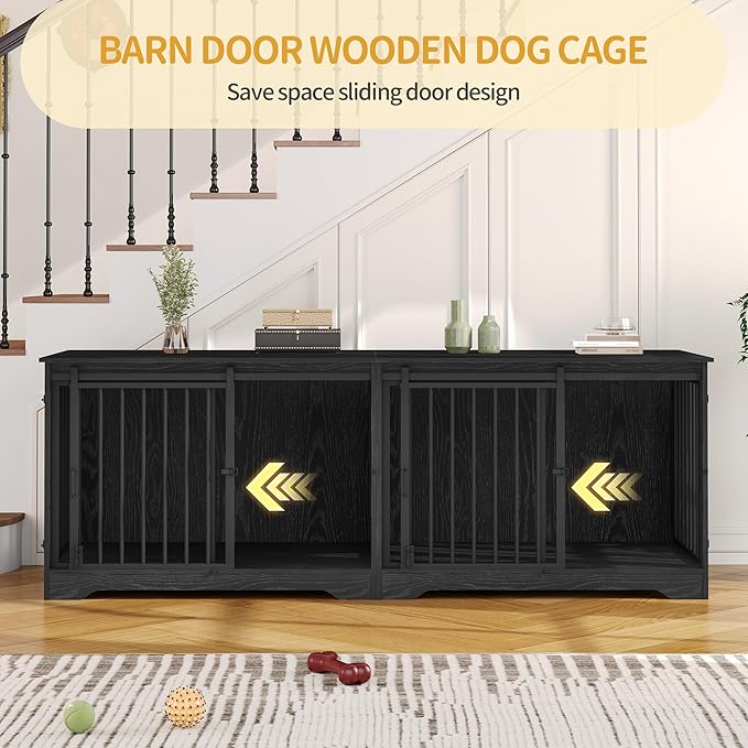 Hzuaneri 78" Dog Crate Furniture for 2 Dogs, Double Dog Cage with Divider, Wooden Heavy Duty Dogs Kennel, Pet Cage with Barn Door, TV Stand for Large Small Medium Pet, Black DFC83704B