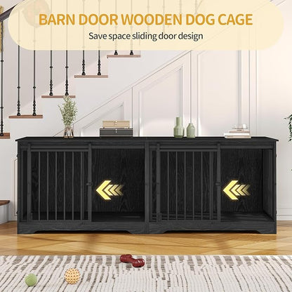Hzuaneri 78" Dog Crate Furniture for 2 Dogs, Double Dog Cage with Divider, Wooden Heavy Duty Dogs Kennel, Pet Cage with Barn Door, TV Stand for Large Small Medium Pet, Black DFC83704B