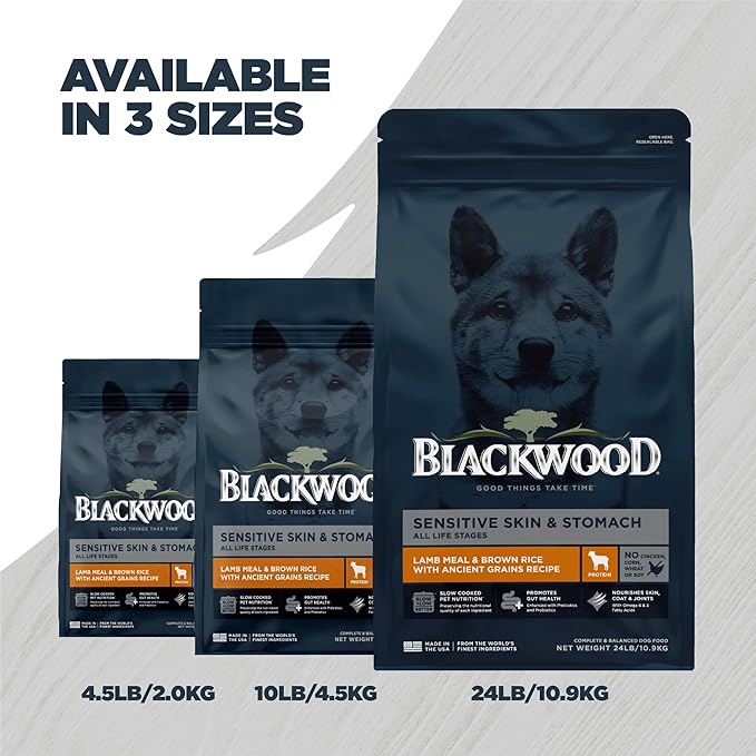 Blackwood Sensitive Skin & Stomach Dry Dog Food, Lamb Meal & Brown Rice with Ancient Grains, 24 Pound Bag with Prebiotics & Probiotics to Promote Gut Health