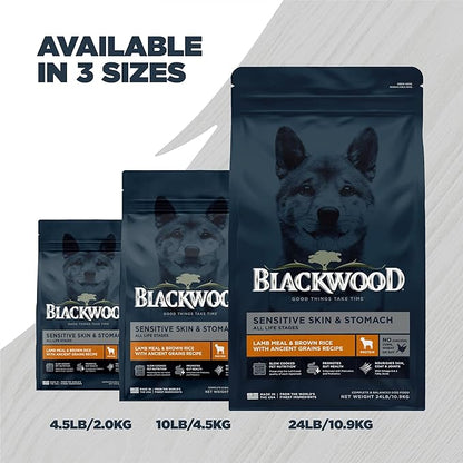 Blackwood Sensitive Skin & Stomach Dry Dog Food, Lamb Meal & Brown Rice with Ancient Grains, 24 Pound Bag with Prebiotics & Probiotics to Promote Gut Health