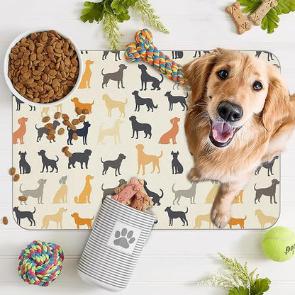 Cute Dog Cat Food Mat,Color Silhouette Absorbent Pet Feeding Mat with Rubber Backing,Non-Slip Water Bowl Placemat,Indoor Pet Accessories Supplies 16"x24"