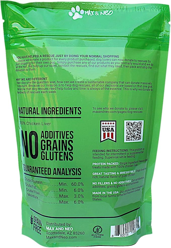 Max and Neo Freeze Dried Chicken Liver Dog Treats - Single Ingredient, Pasture Raised, Antibiotic Free, Human Grade Chicken Grown in The USA - We Donate 1 for 1 to Dog Rescues for Every Product Sold