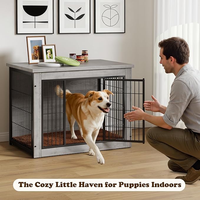 Dog Crate Furniture with Thick Cushion, Side End Table Wooden Dog Cage with Double Doors, Chew-Resistant Dog Kennel Dog House Indoor for Small to Large Dog