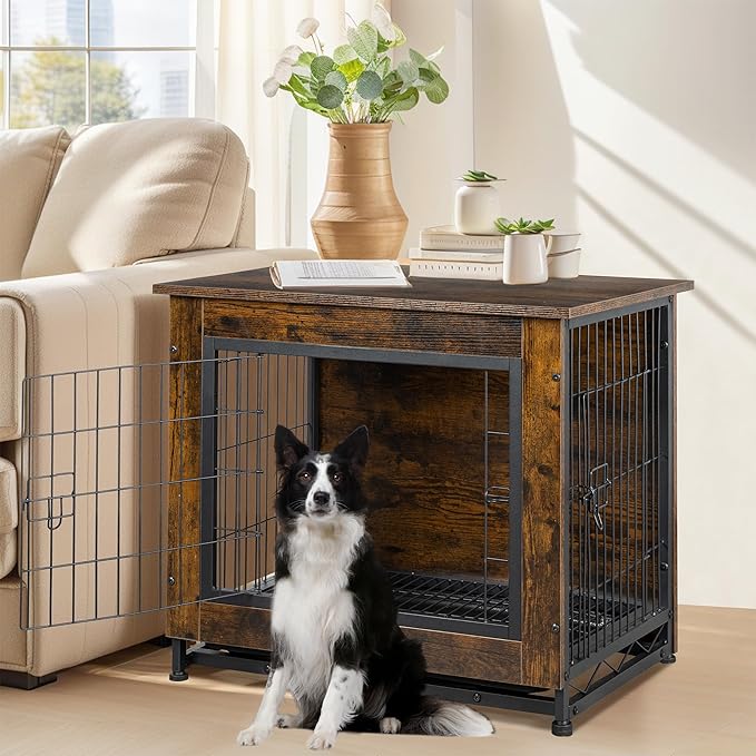Shintenchi Wooden Dog Crate Furniture for Large Breed, L Double-Door Kennel Indoor with Removable Tray, End Table L Dog Crate for Decoration, 38.6" L, Brown
