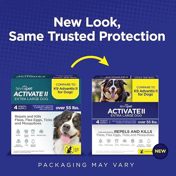 TevraPet Activate II Flea and Tick Prevention for Dogs, Extra Large Dogs 55+ lbs, Topical Drops, 4 Month Flea and Tick Treatment