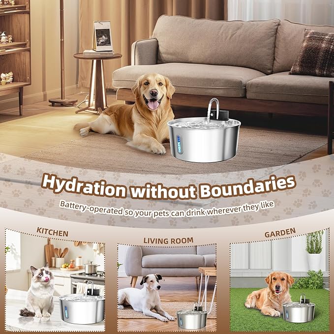 Dog Water Fountain for Large Dogs, 7L/1.8Gal 4200mAh Cordless Water Dispenser for Dogs, Stainless Steel Automatic Pet Water Fountain Indoor/Outdoor with Ultra-Quiet Pump Multi-Filter, Easy Clean