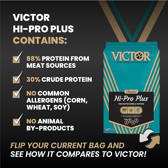 VICTOR Super Premium Dog Food – Hi-Pro Plus Dry Kibble – High Protein Dog Food with 30% Protein – Beef, Chicken, Pork, Fish Meals, Gluten Free - for High Energy and Active Dogs & Puppies, 40lbs