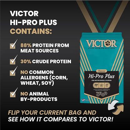 VICTOR Super Premium Dog Food – Hi-Pro Plus Dry Kibble – High Protein Dog Food with 30% Protein – Beef, Chicken, Pork, Fish Meals, Gluten Free - for High Energy and Active Dogs & Puppies, 40lbs