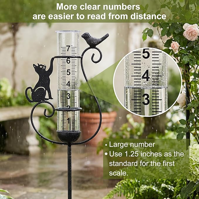 Rain Gauge Outdoor, Cat & Bird Rain Gauges Outdoor Best Rated Decorative for Garden Yard Lawn with Easy-Read 7" Tube, Accurate Rainfall Measurement