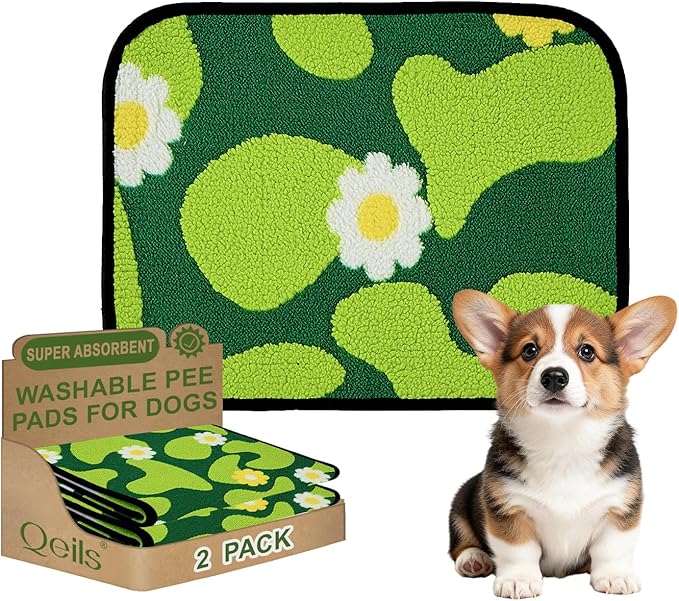 Qeils Reusable Puppy Pads for Small Dogs, Washable Pee Pads with Non-Slip , Absorbent Leakproof Mat for Crates, Playpens, Pet Beds & Whelping, Indoor Potty Training Grass Green, 14"x18", 2 Pack