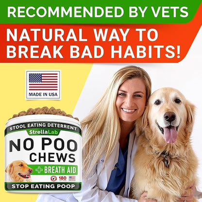 STRELLALAB No Poo Treats for Dogs - Coprophagia Stool Eating Deterrent - No Poop Eating for Dogs - Digestive Enzymes - Stop Eating Poop - Liver Flavor 180 Ct