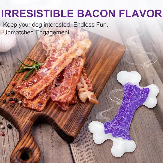 Kseroo 2-Pack Indestructible Dog Toys for Aggressive Chewers: Bacon Flavored Hard Nylon Bone Chew Toys, Tough Dog Chew Toys for Large Dogs, Dog Toys to Keep Them Busy for Medium Large Breed, Purple