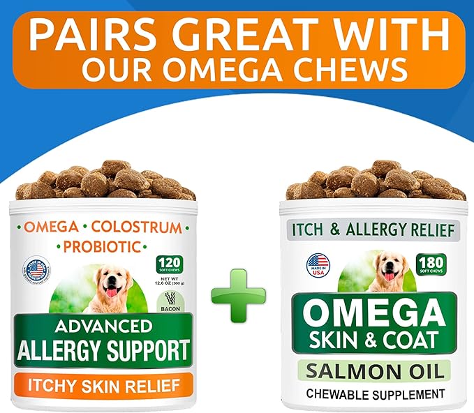 BARK&SPARK Advanced Dog Allergy Relief Soft Chews for Skin Health & Seasonal Allergies - Anti-Itch Supplement w/Omega-3, Quercetin & Bromelain Immune Treats for Dry Skin & Hot Spots - Bacon - 120ct