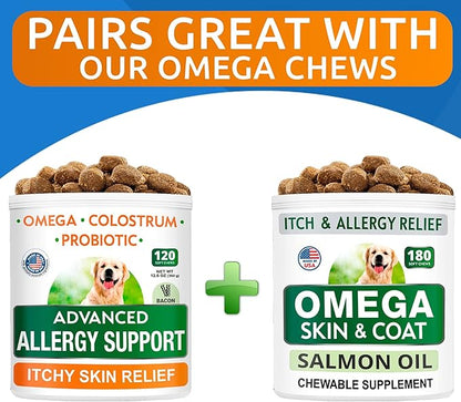 BARK&SPARK Advanced Dog Allergy Relief Soft Chews for Skin Health & Seasonal Allergies - Anti-Itch Supplement w/Omega-3, Quercetin & Bromelain Immune Treats for Dry Skin & Hot Spots - Bacon - 120ct