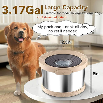 UPSKY Dog Water Bowl No Spill 12L Stainless Steel, 3.17 Gallon Large Capacity Spill-Proof Dog Bowls, Non-Slip Slow Drinking Anti-Splash Bowl for Large Messy Drinkers, No Mess Indoor/Outdoor Use, Beige