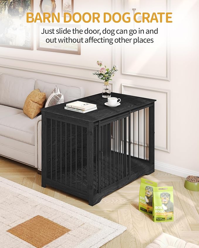 Hzuaneri 43.3" Dog Crate Furniture with Barn Door, Heavy Duty Dog Kennel Indoor with 2 Doors, Wooden Pet Cage End Table for Large Small Medium Dogs, Anti-Chew Anti-Escape, Black DFC92304B