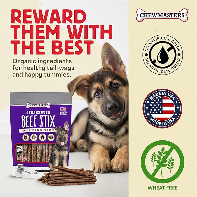 Chewmasters Beef Stix – Grass-Fed, Grain-Free, All-Natural High-Protein Dog Chews for Training & Rewards, Healthy Treats for All Breeds, Made in USA, 2lb Bag