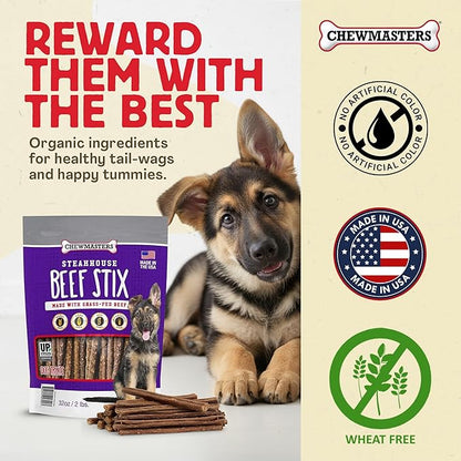 Chewmasters Beef Stix – Grass-Fed, Grain-Free, All-Natural High-Protein Dog Chews for Training & Rewards, Healthy Treats for All Breeds, Made in USA, 2lb Bag