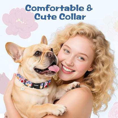 Kazazoo Dog Collar Cute and Soft Nylon Puppy Collar Girl, Adjustable Dog Collars for Medium Large Dogs, Blue and Pink Flowers-L