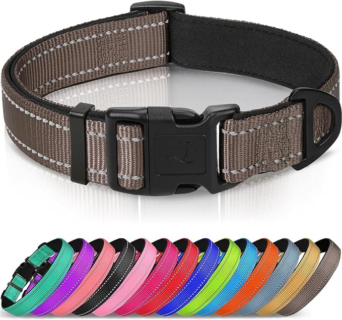 Joytale Reflective Dog Collar, Soft Neoprene Padded, Metal D-Ring, Nylon Pet Collar Adjustable for Extra Large Dogs, Brown, XLarge