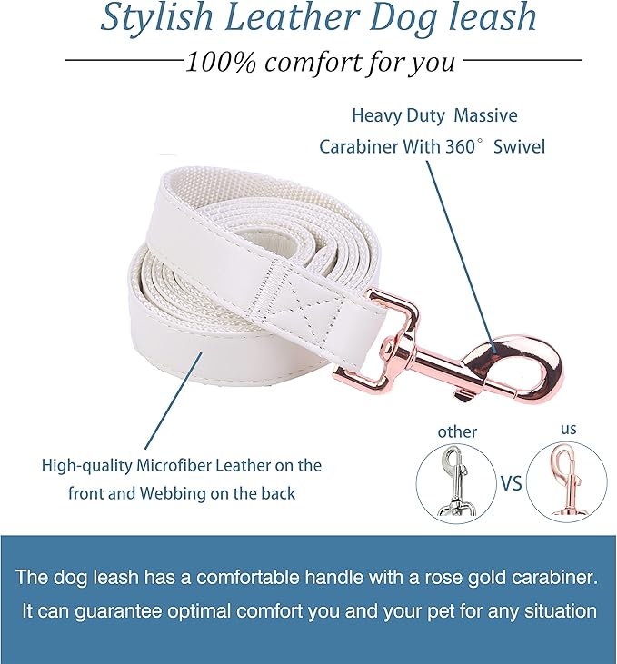 Dog Collar and Leash Set.Soft and Easy to Clean Vegan Leather with Rose Gold Metal Buckle for Small Medium Large Dogs (Off-White, XS(8"-12"))