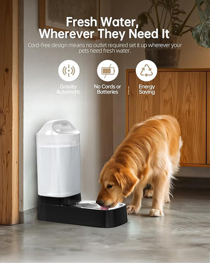 Automatic Dog Water Bowl Dispenser - 2.4 Gallon Gravity Pet Water Dispenser with 304 Stainless Steel Bowl, Dog Auto Feeders Bowls Self Waterer, Easy-Carry Handle for Large Dogs & Cats, Multi-Pet Home
