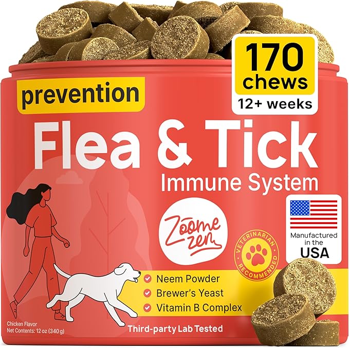 Flea and Tick Prevention for Dogs Chewable – Natural Flea Pills for Dogs, All Breeds & Ages, Chicken Flavor – Dog Flea and Tick Treatment Chewable Supplement – 1 Pack, 170 Count, Made in USA
