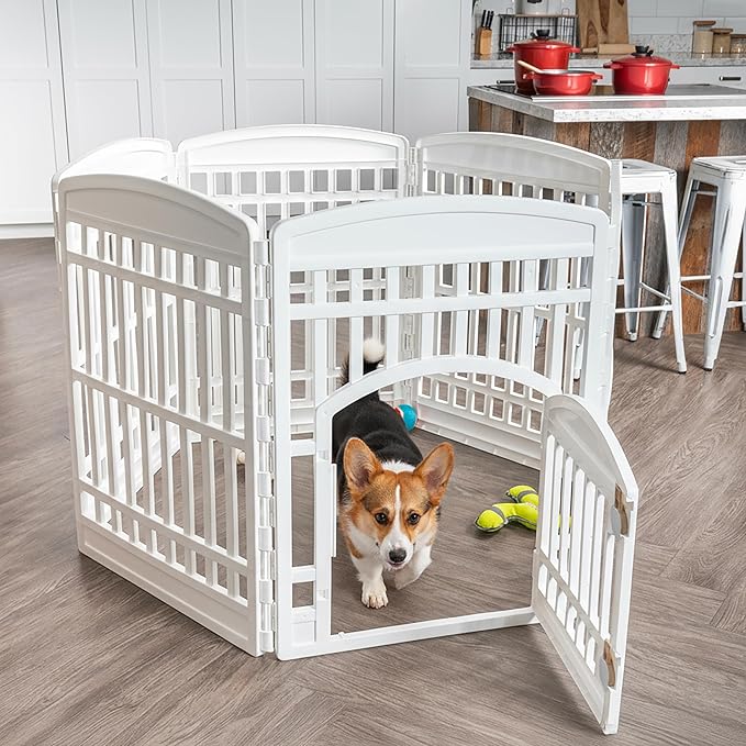 IRIS USA Dog Playpen with Door, 34” 6 Panel Pet Exercise Pen – Indoor Outdoor Puppy Play Pen, Portable Plastic Pet Fence for Small Medium Dogs, Foldable 44” x 63” x 34”, White