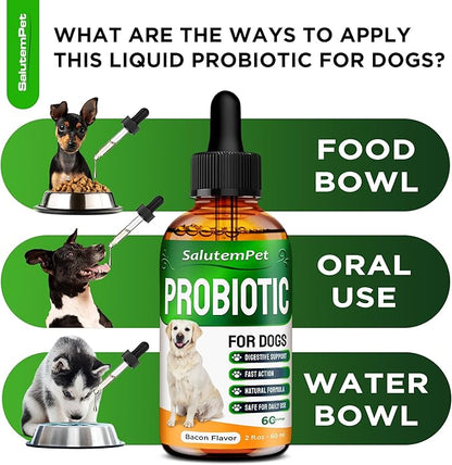Probiotics for Dogs | Liquid Probiotics for Dogs and Puppies | Prebiotic & Digestive Enzymes | Gut Flora Support and Digestive Care | Bacon Taste | 2 Oz