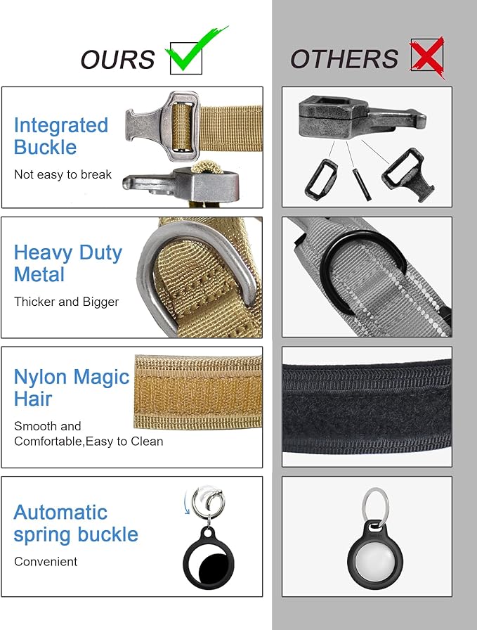 Hotsky Tactical Dog Collar, Adjustable Military Training Nylon Airtag Collar with Handle and Heavy Duty Metal Buckle for Medium Large Dogs, with Airtag Holder and Two Patches（Brown,L）