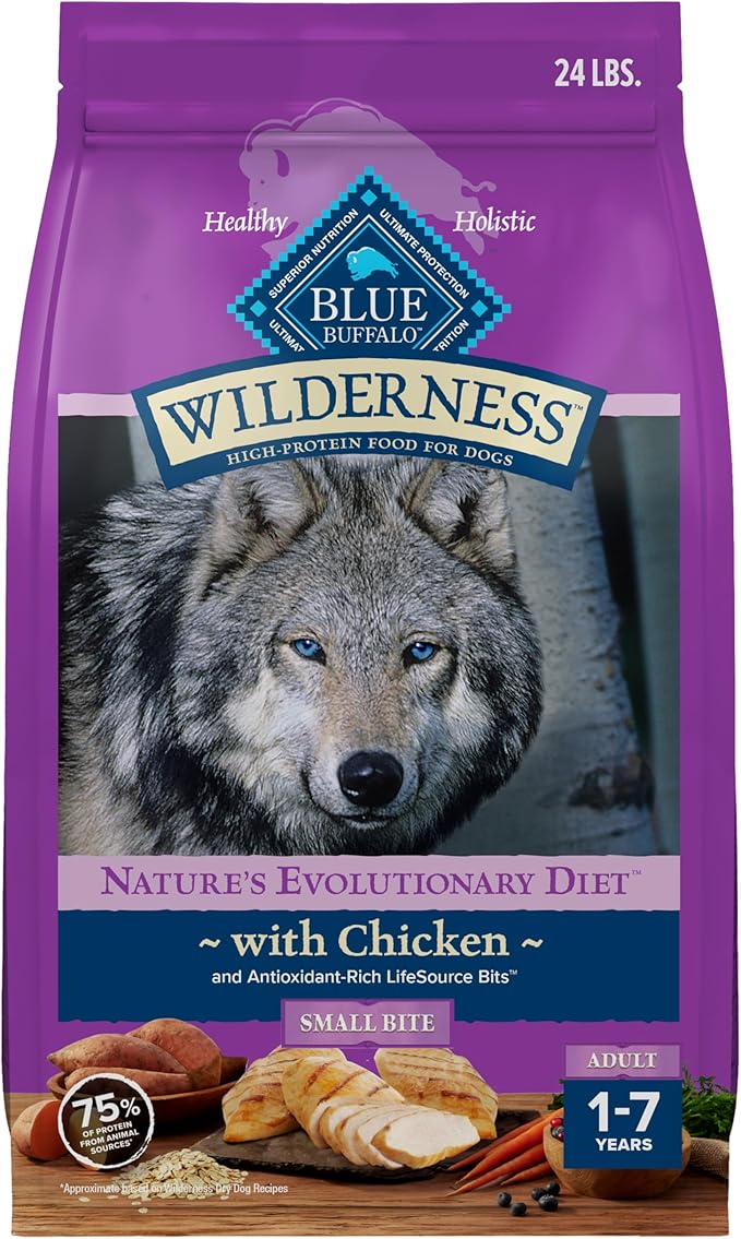 Blue Buffalo Wilderness High-Protein Small-Bite Dry Dog Food for Adult Dogs, Made in The USA with Natural Ingredients Plus Wholesome Grains, Chicken, 24-lb Bag
