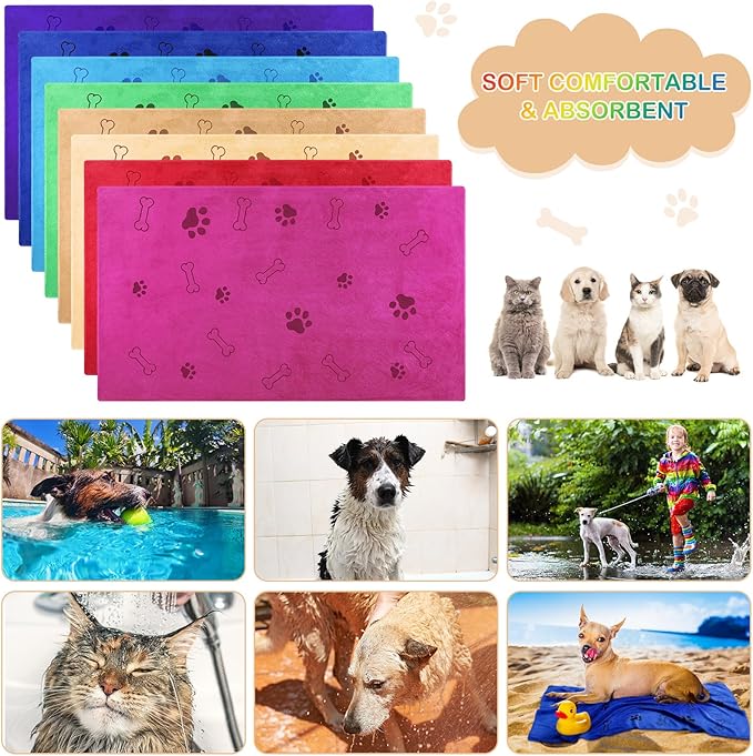 Chumia 8 Pcs Dog Towels for Drying Dogs Cats Pet Towels Bulk Puppy Microfiber Fast Drying Paw Bath Bathing Supplies Absorbent for Medium Pets(40 x 24 Inch,Dog Paw and Bone,Bright Color)