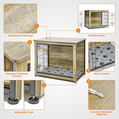 SHAWKEN Wooden & Metal Medium Dog Crate Furniture Indoor with Soft Cushion, Double-Door Dog House, 31.5" L Dog Kennel (Oak Grey, Medium)