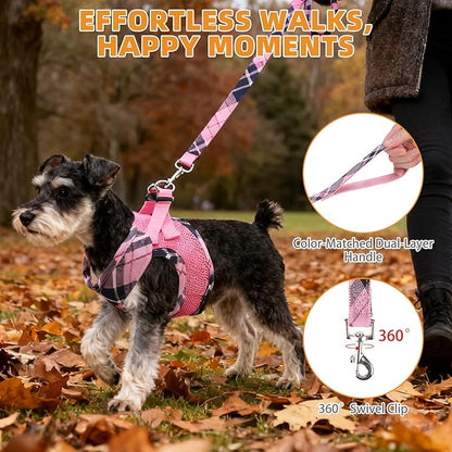 KOOLTAIL Small Dog Harness and Leash Set, Cute Pink Girl Puppy Harness, Step in No Pull Soft Mesh Pet Vest Harness Collar for Small Size Dogs Cats, Plaid Dog Halters for Outdoor Walking, Pink S