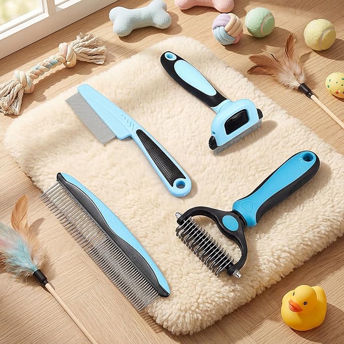 Patelai 4 Pieces Dematting Comb for Dogs Pets Grooming Tools for Dogs and Cats - Fine Tooth Comb, Deshedding Tool & Double-sided Tools Set Ideal for Long/short Hair, Knot Removal