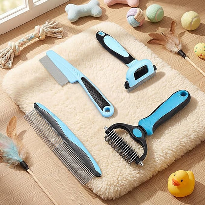 Patelai 4 Pieces Dematting Comb for Dogs Pets Grooming Tools for Dogs and Cats - Fine Tooth Comb, Deshedding Tool & Double-sided Tools Set Ideal for Long/short Hair, Knot Removal